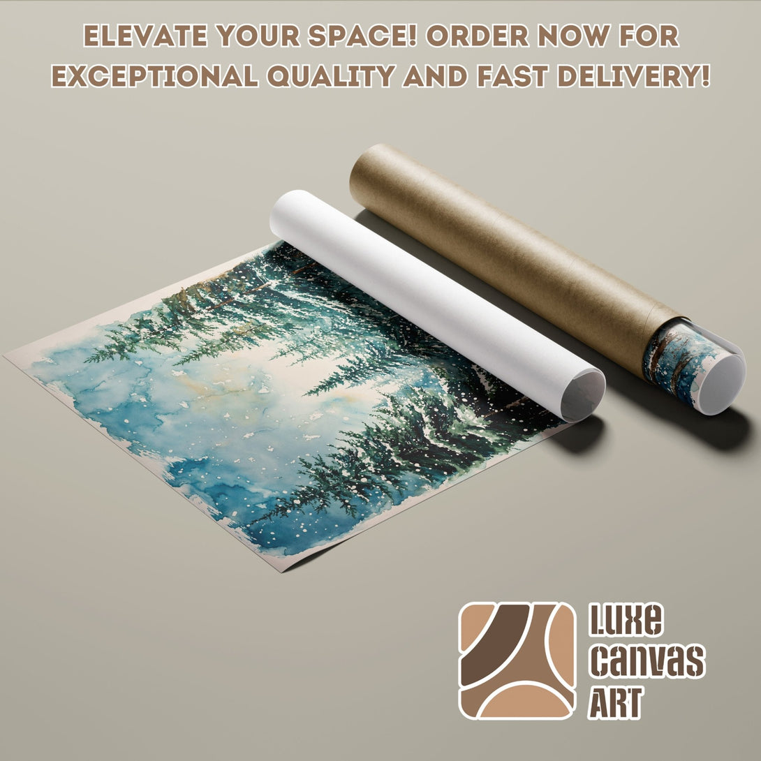 Watercolor Poster Roll featuring a serene winter forest scene in blue and green hues. Elevate your space with Luxe Canvas Art!