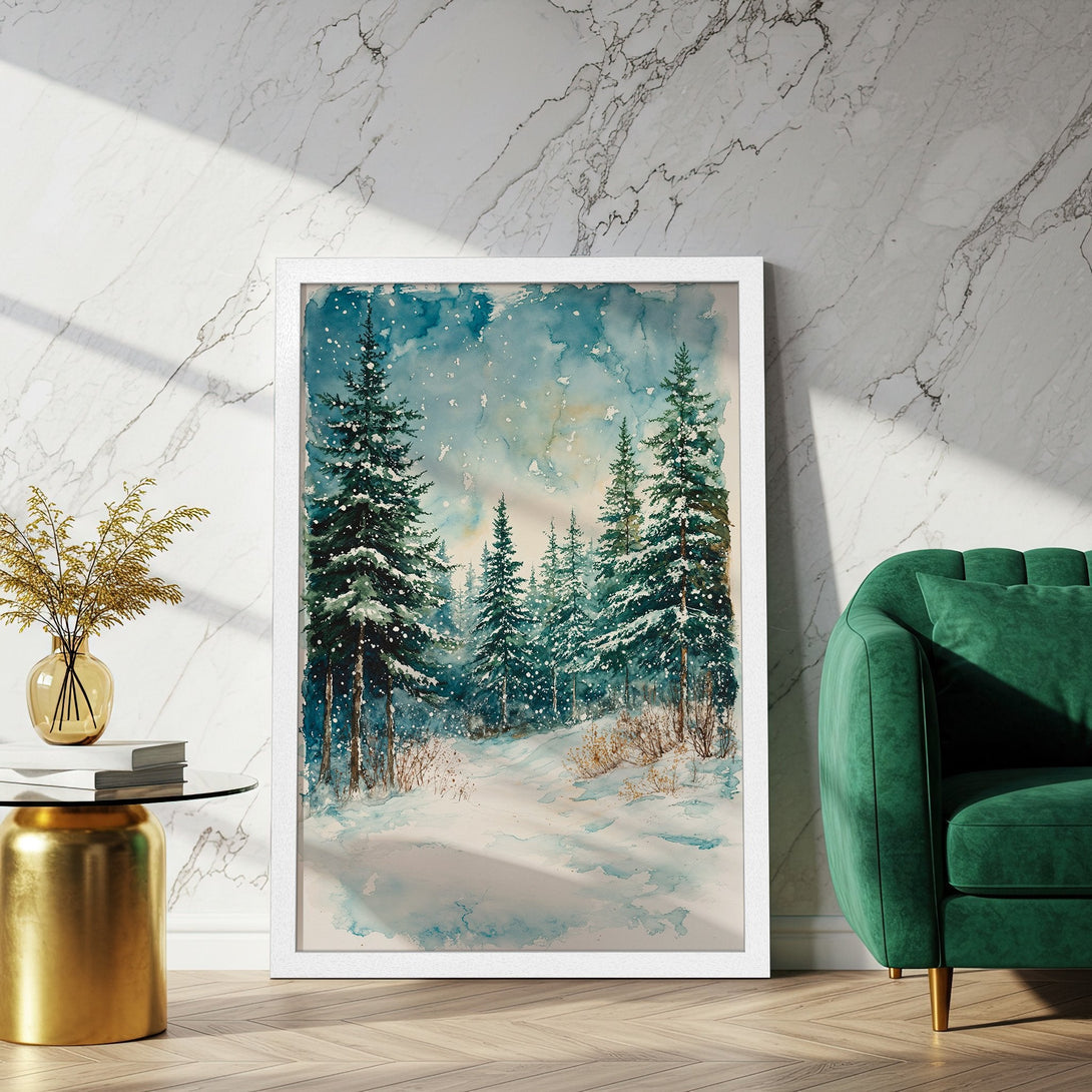 Framed Poster featuring a watercolor winter forest scene. Serene artwork in blue, green, and white tones. Perfect wall art for home decor.