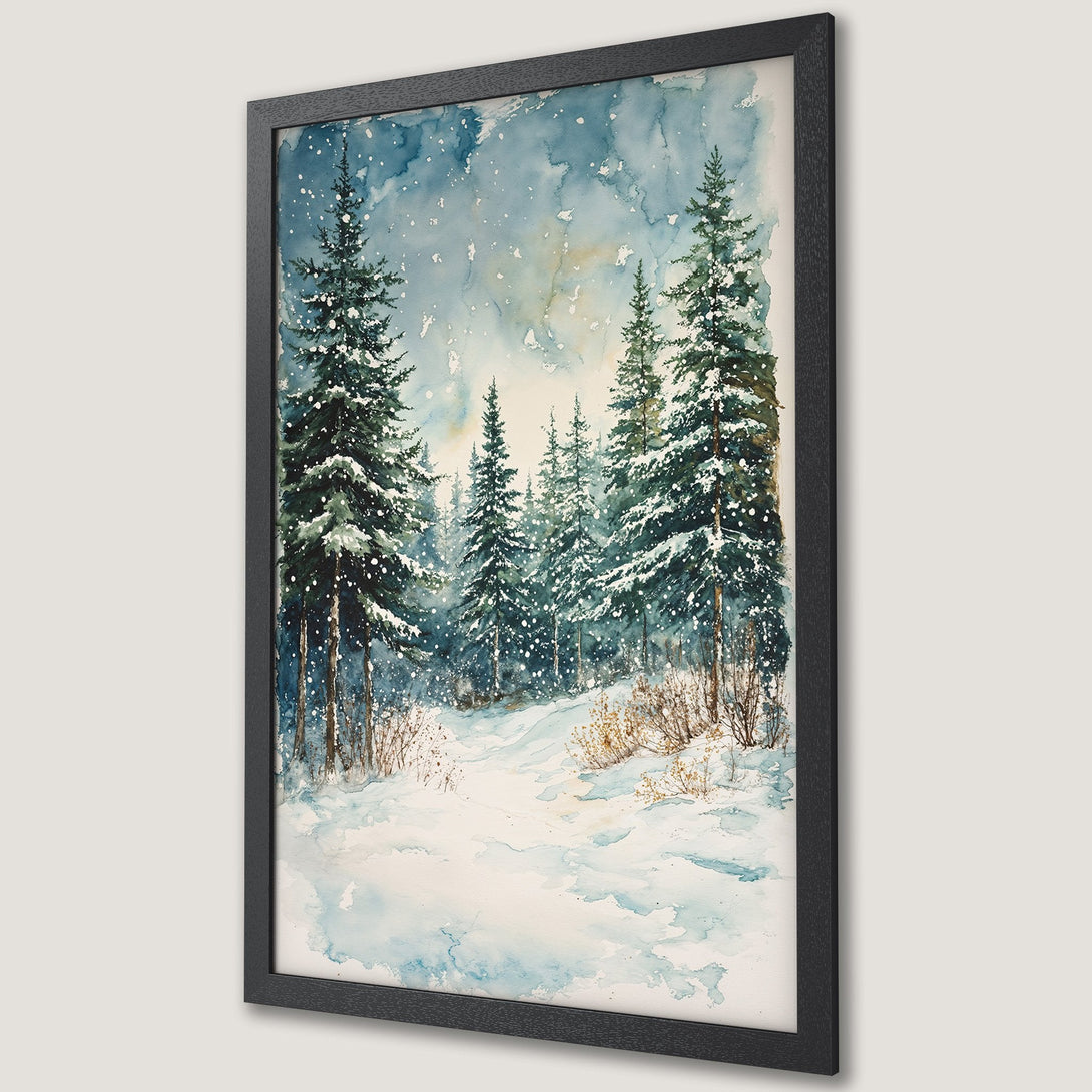 Framed Poster of a winter forest scene in watercolor style. Features a snowy path, evergreen trees, and a blue and green color palette. Perfect wall art!