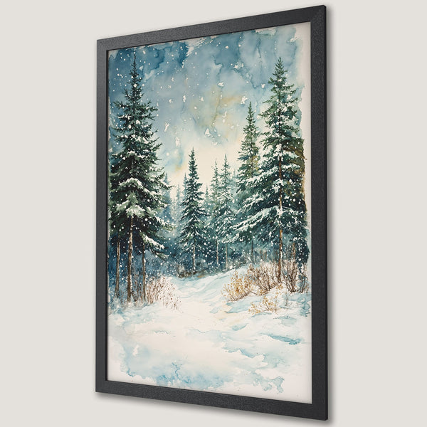 Framed Poster of a winter forest scene in watercolor style. Features a snowy path, evergreen trees, and a blue and green color palette. Perfect wall art!