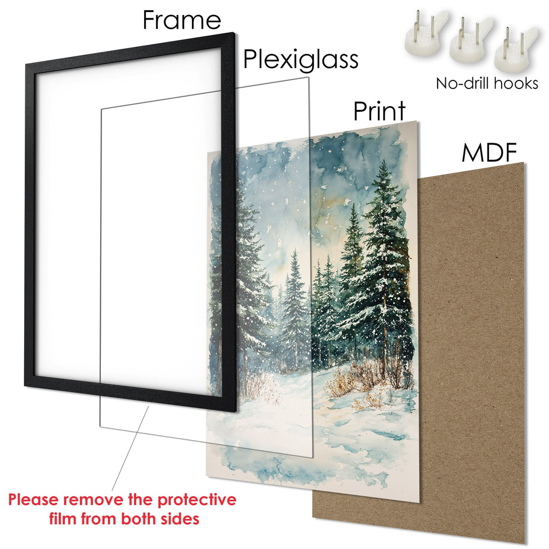 Framed Poster featuring a winter forest watercolor painting in blue and green tones. Perfect for adding a touch of nature to your home!