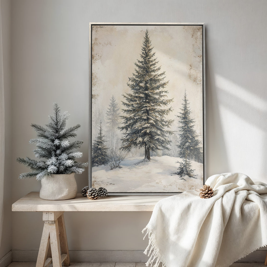 Framed Wall Art featuring a serene winter forest scene in neutral tones. Perfect for adding a touch of nature and cozy vibes to your home decor.