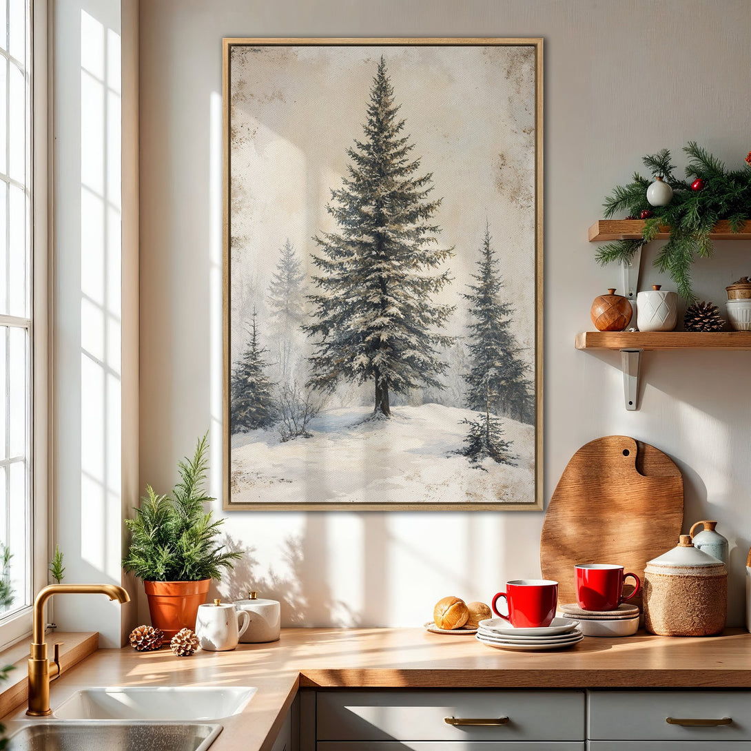Framed Wall Art: Winter forest scene in neutral tones. Rustic canvas print of snow-covered trees, perfect for cozy home decor.