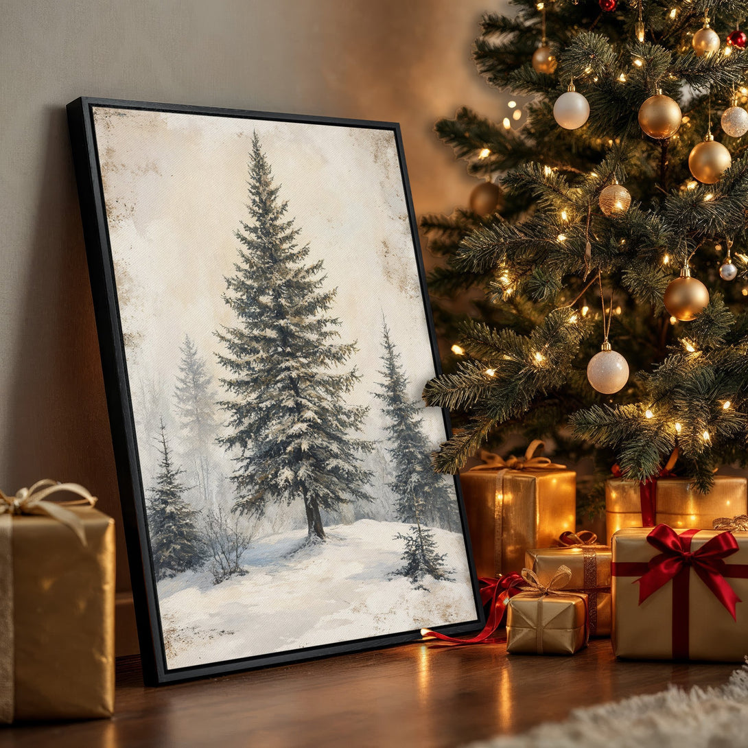 Framed Wall Art: Winter forest scene in a neutral color palette. Perfect for holiday decor! Add cozy vibes with this beautiful canvas print.