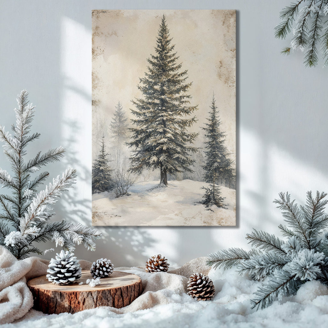 Framed Wall Art: Winter forest scene canvas print with neutral tones. Perfect for holiday decor. Rustic style, warm and inviting.