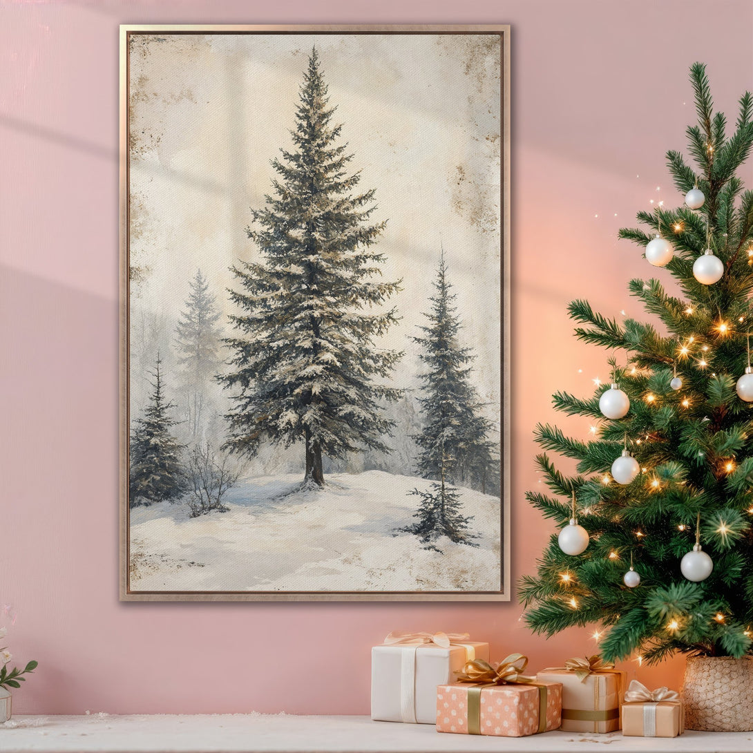 Framed Wall Art: Winter forest scene Canvas Print with neutral tones and a touch of gold. Perfect for cozy holiday decor.