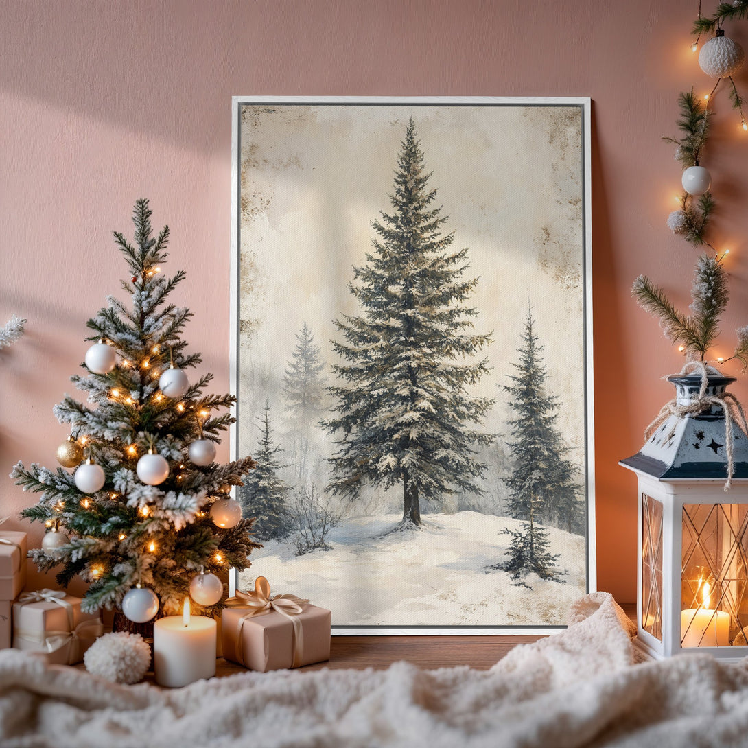 Framed Wall Art: Winter forest scene in muted tones. Rustic, vintage style Canvas Print with snow-covered trees. Warm, cozy interior decor with pink accents.