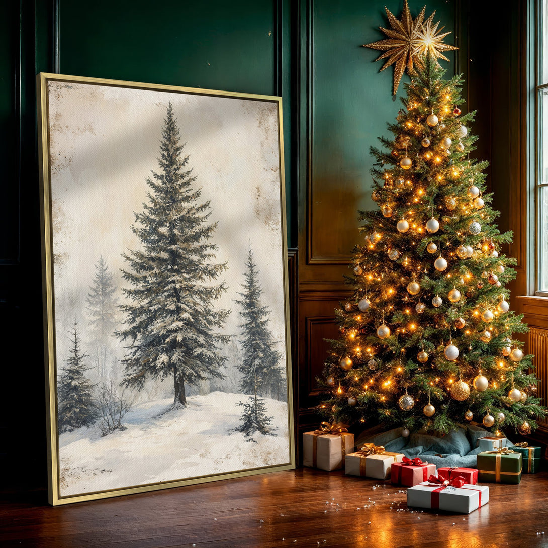 Canvas Print of a snowy winter forest scene, featuring evergreen trees in a vintage style with a neutral, muted color palette. Perfect for cozy decor!
