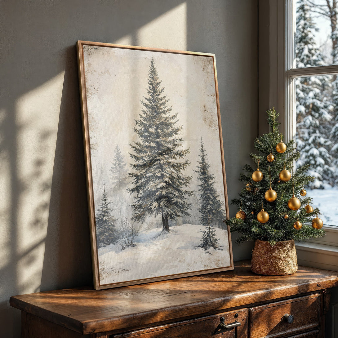 Framed Wall Art: Winter forest scene in neutral tones. Rustic style Canvas Print adds cozy charm to any space. Shop now for seasonal decor!