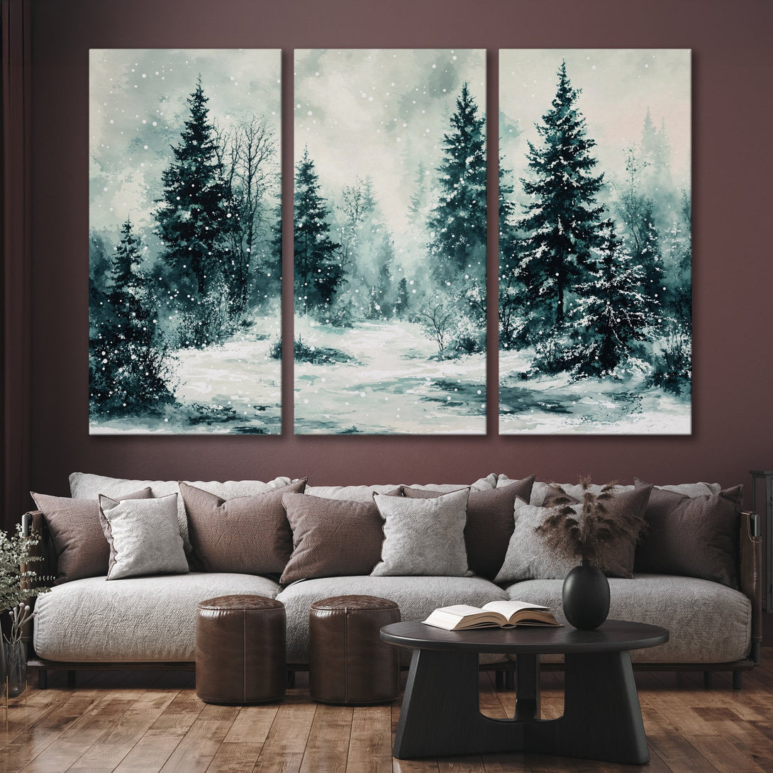 Canvas Print of a winter forest scene in teal and gray, perfect for adding a touch of nature to your home decor.