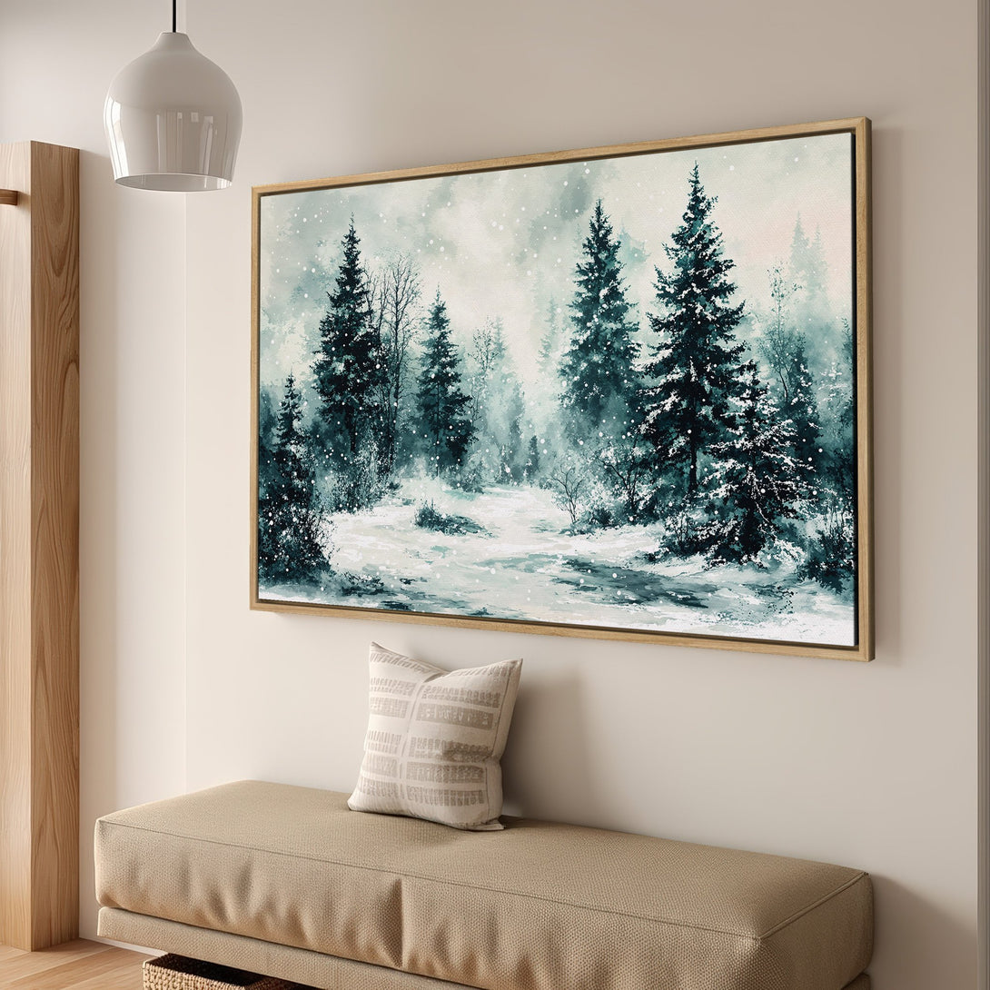 Framed Wall Art: Winter forest scene Canvas Print in teal and white. Bring the serene beauty of nature indoors!