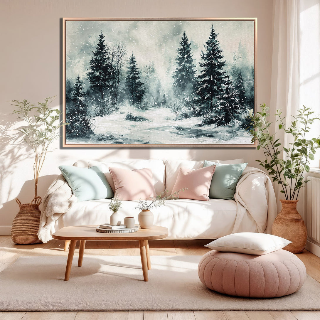 Framed Wall Art: Winter forest scene in muted blues & grays. Watercolor style canvas print adds a serene touch to any living room. Shop now!