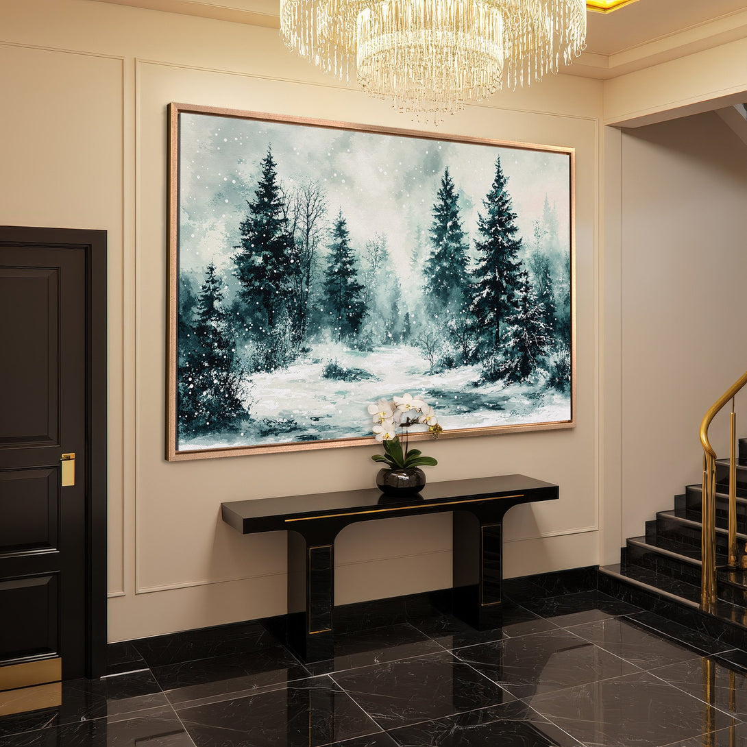 Framed Wall Art: Winter forest scene Canvas Print. Serene landscape in cool teal and white tones. Perfect for elegant home decor.