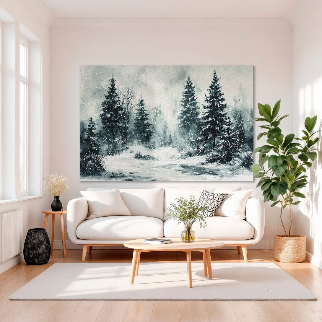 Framed Wall Art: Winter forest scene in teal & white. Watercolor style canvas print adds serene elegance to any room. Shop now for stunning wall decor!
