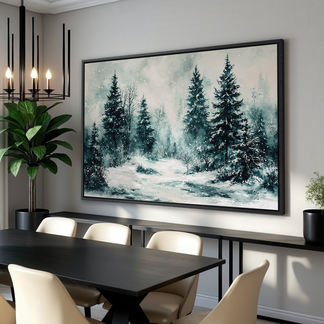 Framed Wall Art: Winter forest scene in watercolor style, featuring snowy trees and a cool teal and gray color palette. Perfect for adding a touch of nature.