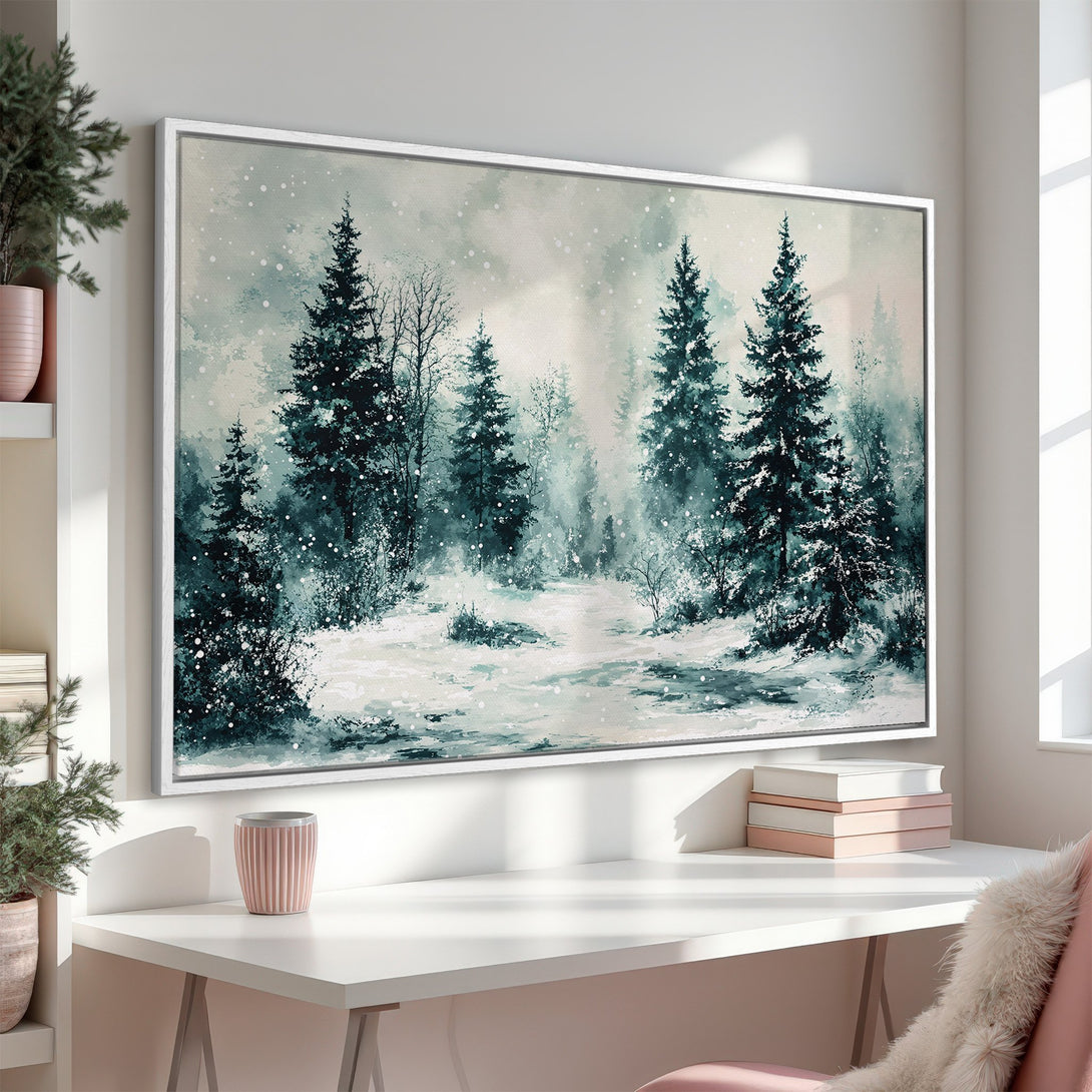 Framed Wall Art: Watercolor winter forest scene in teal and gray. Add serene beauty to your home with this stunning canvas print.