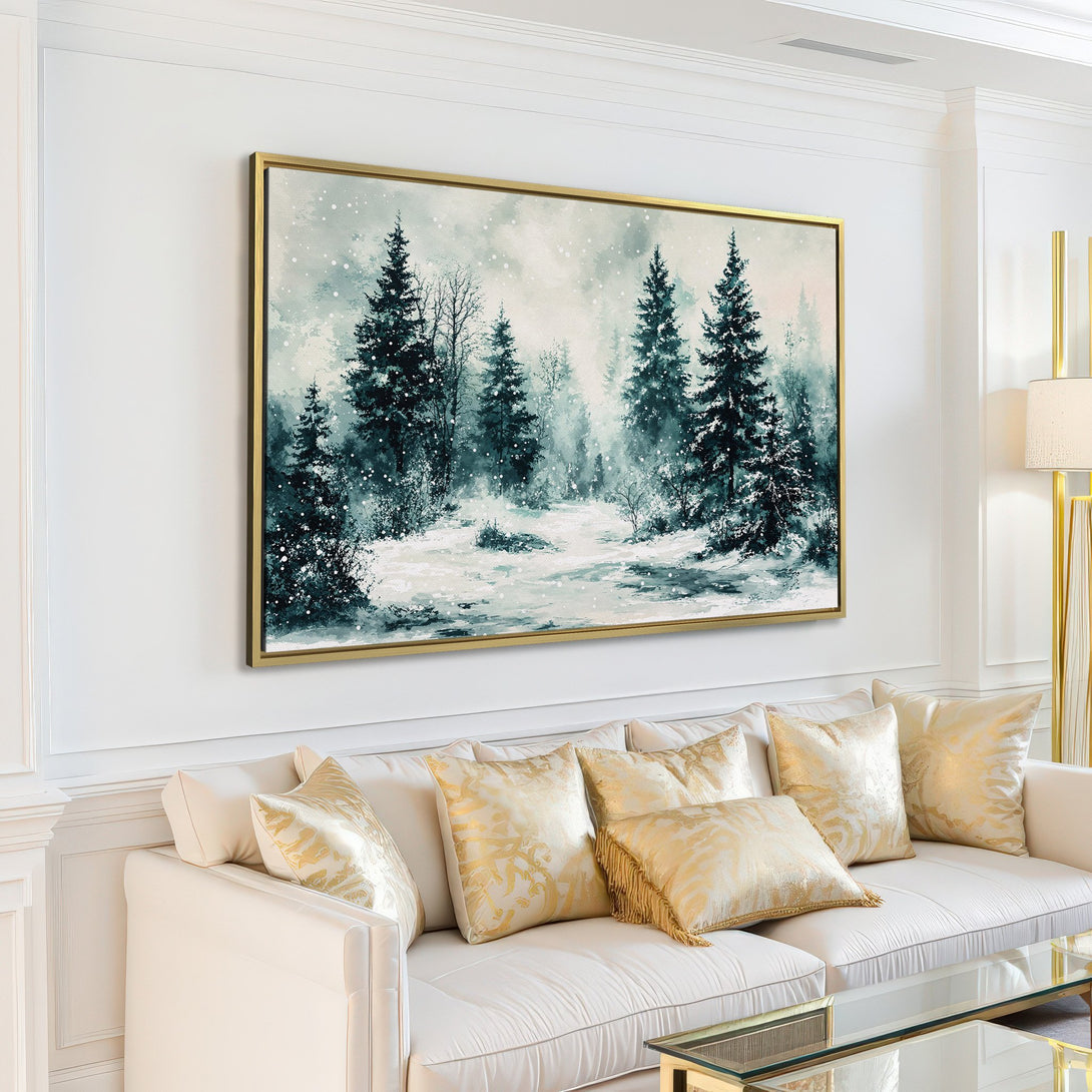 Canvas Print of a serene winter forest scene in muted blues and grays, perfect for adding a touch of nature to your home decor.