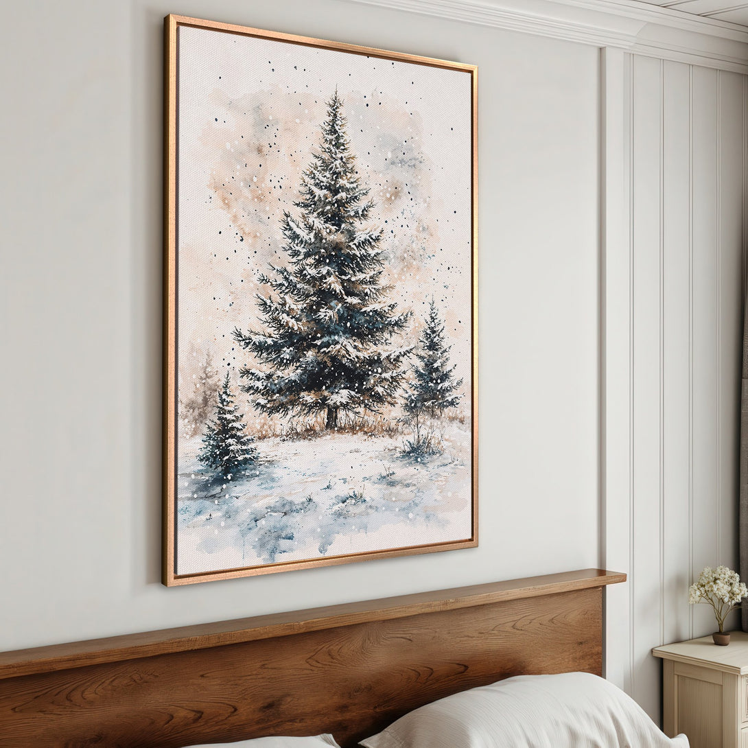 Framed Wall Art: Watercolor winter scene with pine trees. Neutral color palette with blue, beige, and brown tones. Perfect for cozy bedroom decor.