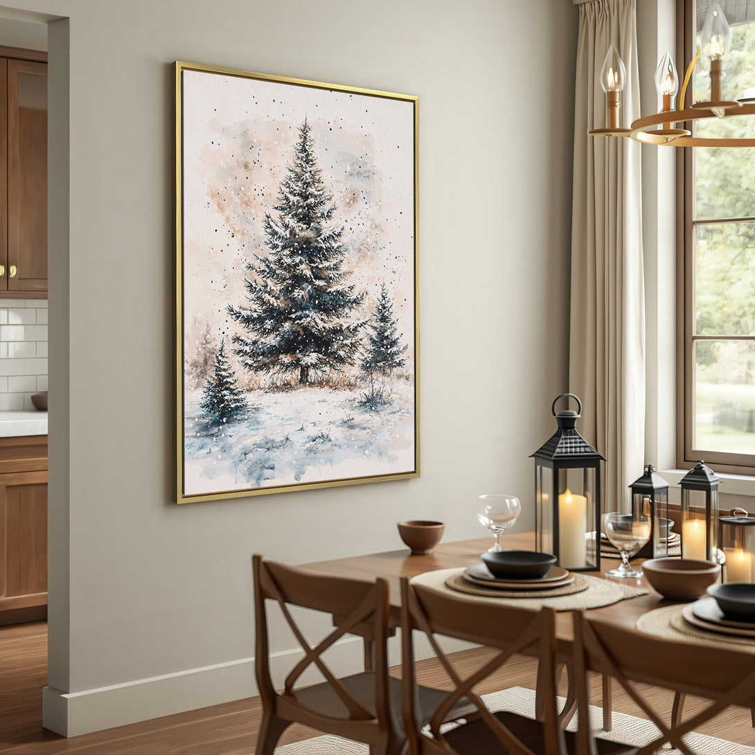 Canvas Print of winter forest scene in watercolor style. Neutral color palette with blue, brown, and white tones. Perfect for cozy interior decor.