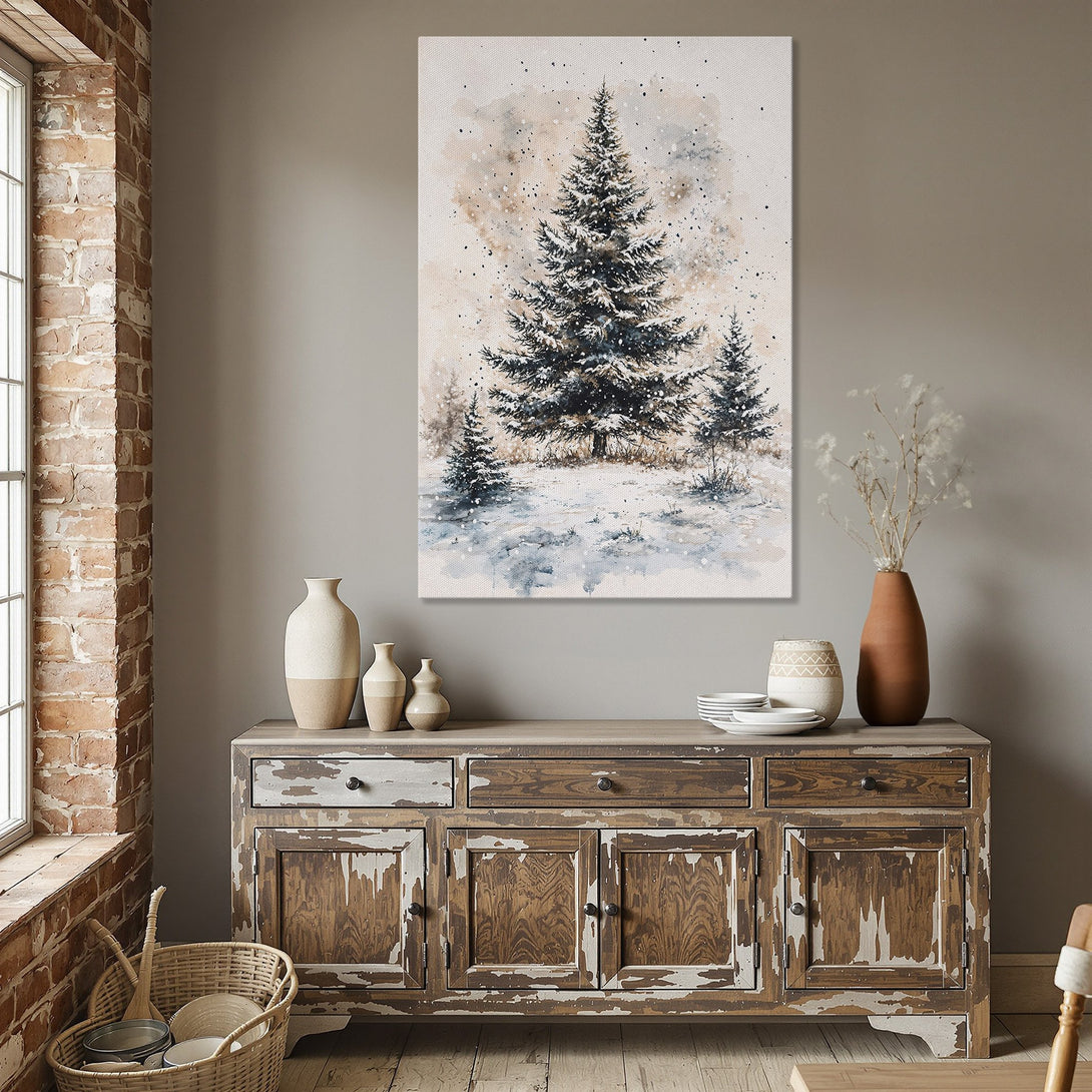 Framed Wall Art of winter scene with watercolor trees in a dining room. Neutral color palette with gold frame. Perfect for cozy decor.