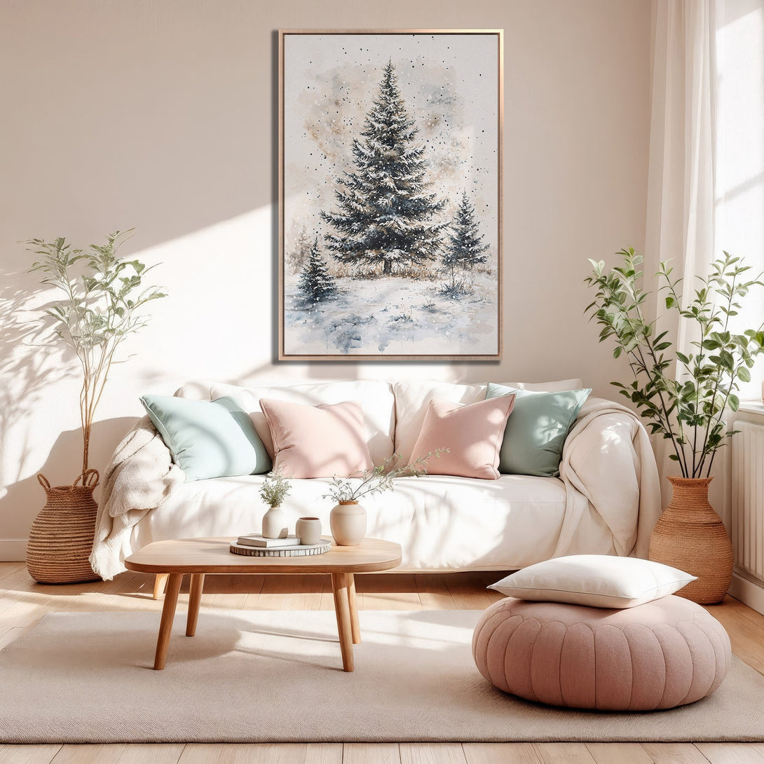 Framed Wall Art: Watercolor winter forest scene in neutral tones. Adds cozy, elegant style to any room. Perfect for a minimalist, modern aesthetic.