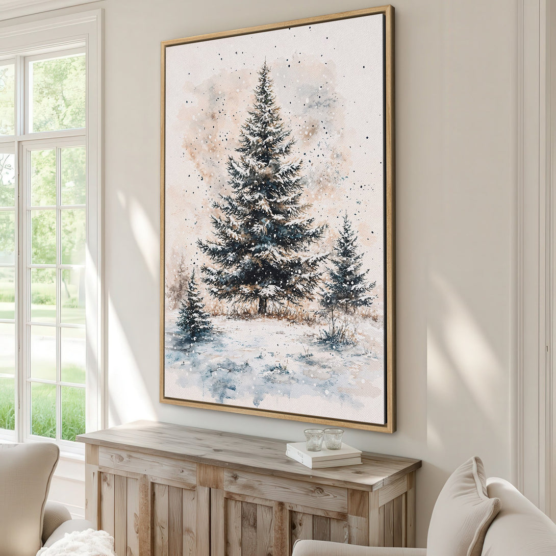 Framed Wall Art featuring a watercolor winter scene with evergreen trees, showcasing a serene blue and beige color palette for cozy home decor.