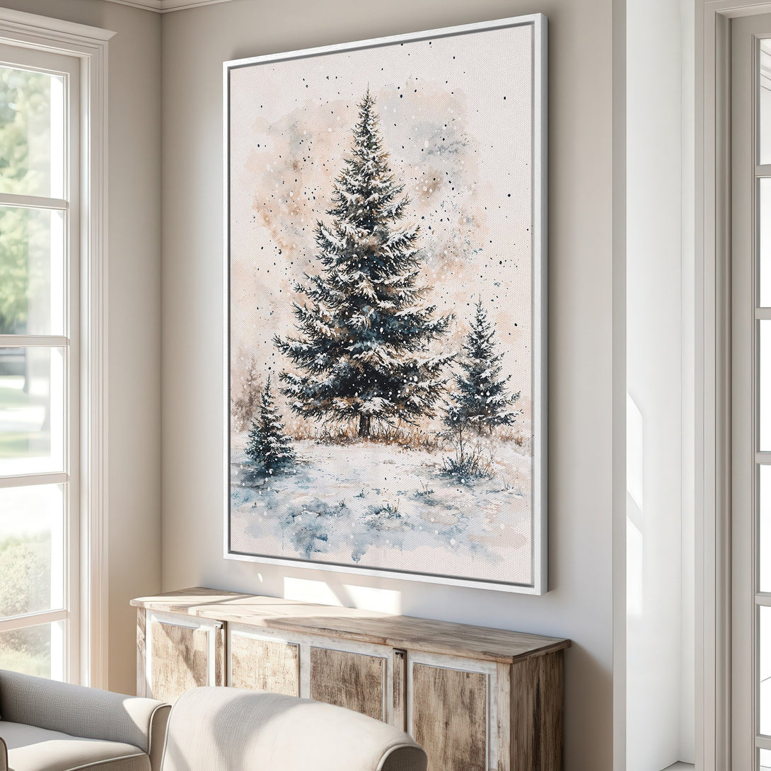 Framed Wall Art featuring a watercolor winter forest scene. Neutral color palette with blues, browns, and whites. Perfect for adding a touch of nature to your home decor.