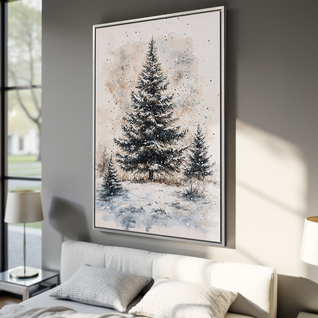 Framed Wall Art: Watercolor winter scene with evergreen trees. Neutral color palette, perfect for bedroom decor. Add a touch of nature to your space!