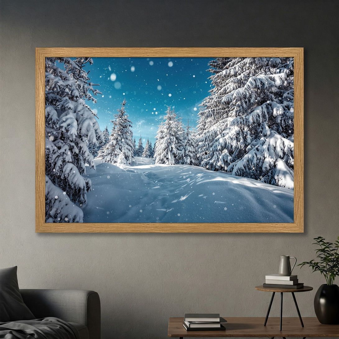 Framed Poster of a snowy winter forest scene. Blue, white, and brown color palette. Perfect for adding a touch of nature to your home.