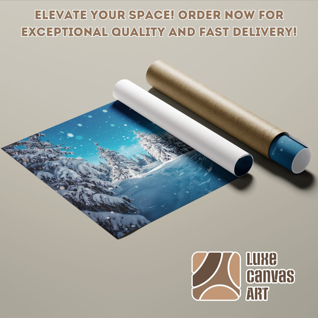 Winter landscape Poster Roll, blue and white tones, perfect for your home decor.