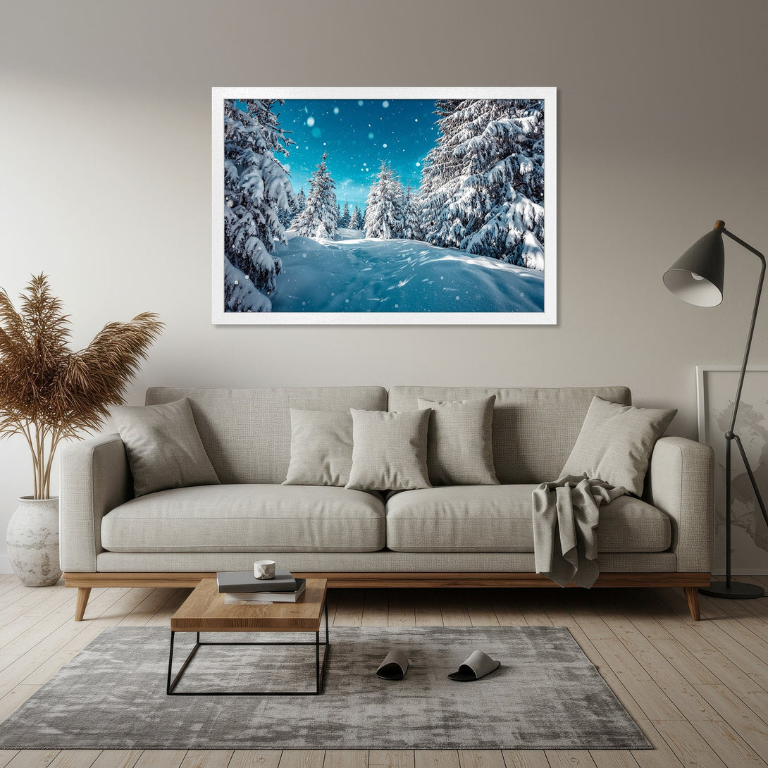 Framed Poster of a snowy forest scene. Serene winter landscape with blue sky, white snow, and green trees. A beautiful addition to any home.