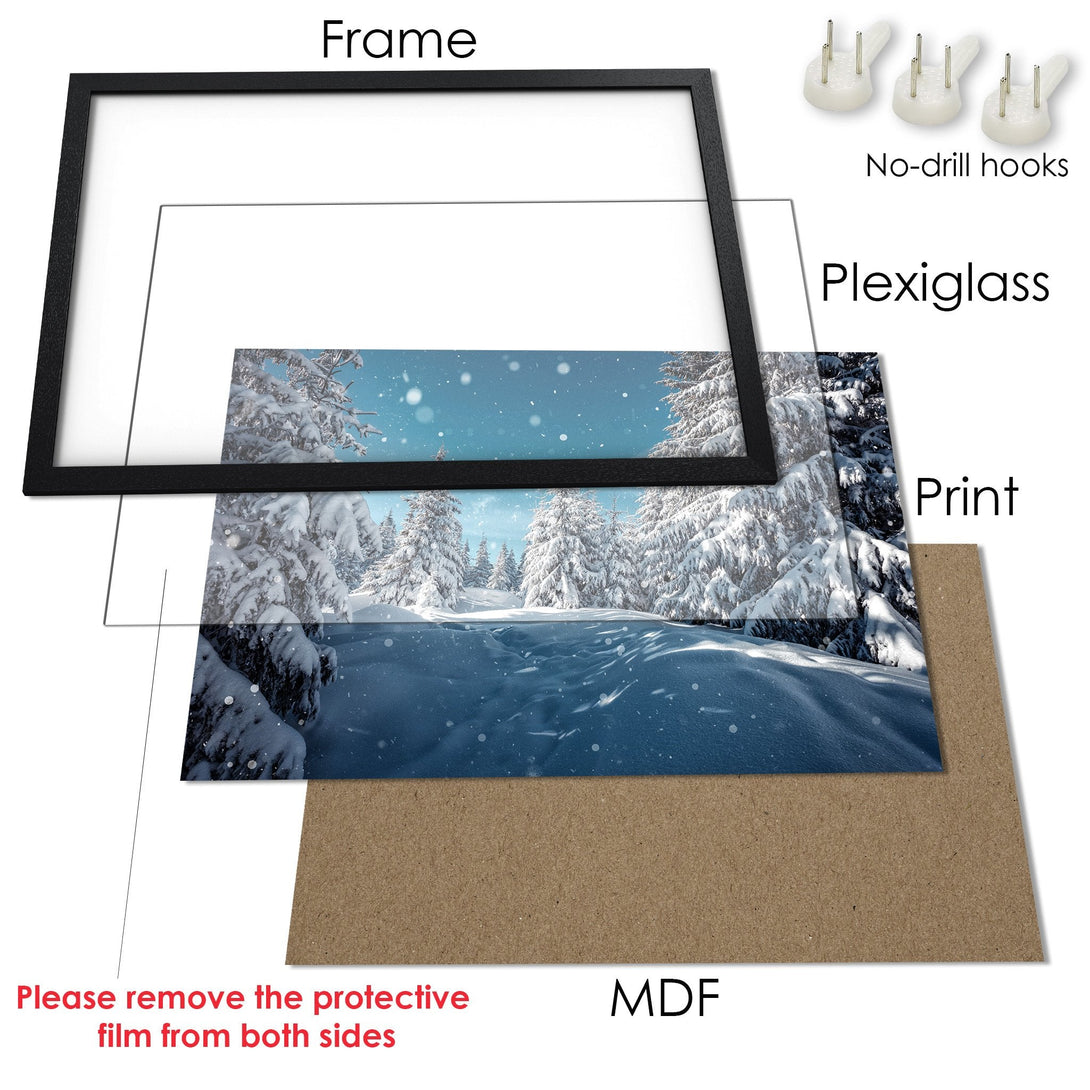 Framed Poster of a snowy winter landscape in blue and white. Perfect wall art for your home!