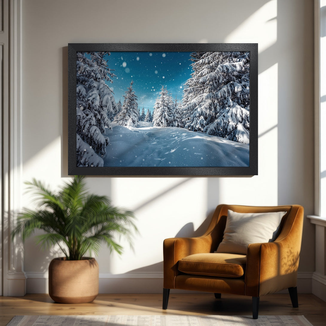 Framed Poster featuring a snowy winter forest scene. Serene landscape art with a cool blue and white color palette, perfect for any home.