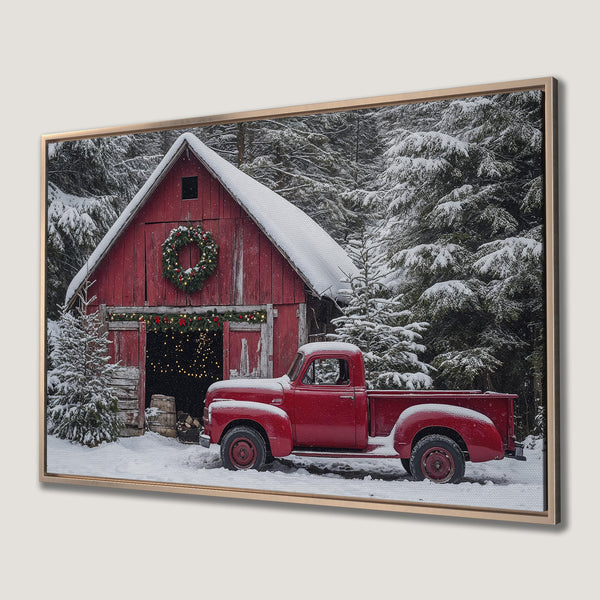 Framed Wall Art of a red truck & barn in a snowy winter scene. Rustic style, featuring red, white, and green colors. Perfect for holiday decor!