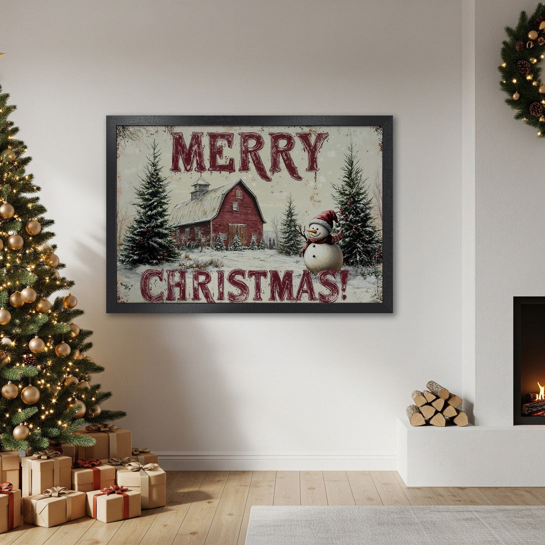 Framed Poster featuring a rustic Christmas scene with a red barn and snowman, warm color palette. Perfect holiday decor!