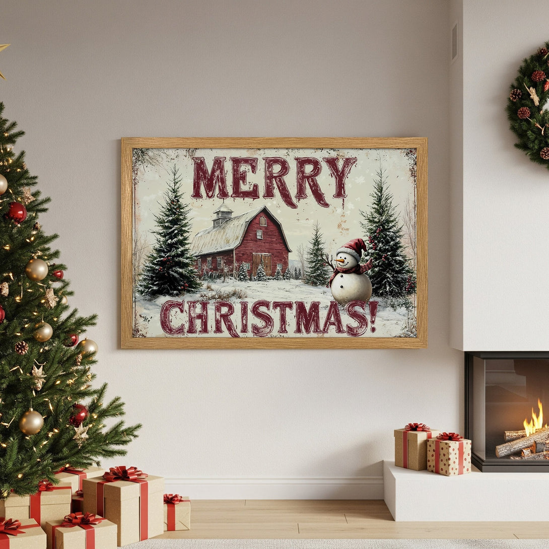 Framed Poster: Rustic Christmas scene with red barn, snowman, and trees. Vintage style, warm red & cream color palette. Perfect holiday decor!