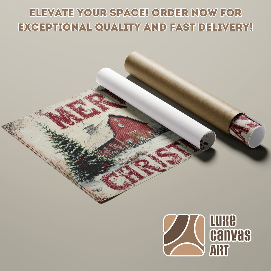 Rustic Christmas scene Poster Roll in red and neutral tones. Order yours today!