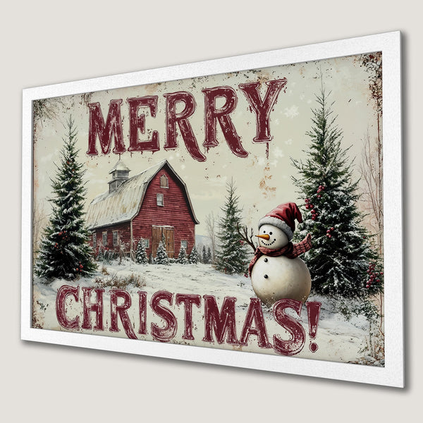 Framed Poster: Merry Christmas scene with snowman, red barn, and snowy landscape. Rustic style, warm red and white palette. Perfect holiday decor!