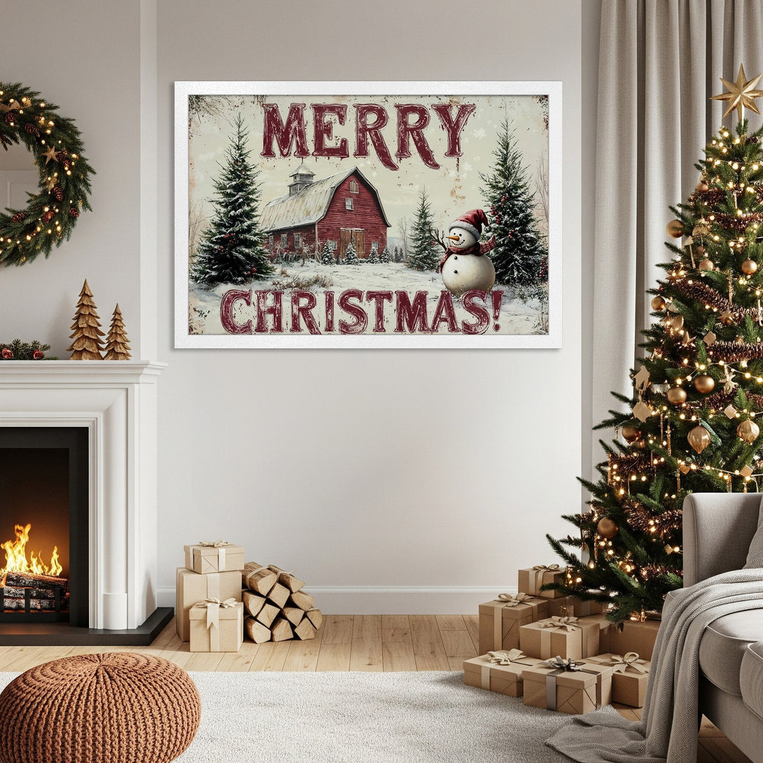 Framed Poster featuring a vintage Christmas scene with a red barn and snowman. Rustic style, warm red and neutral color palette.