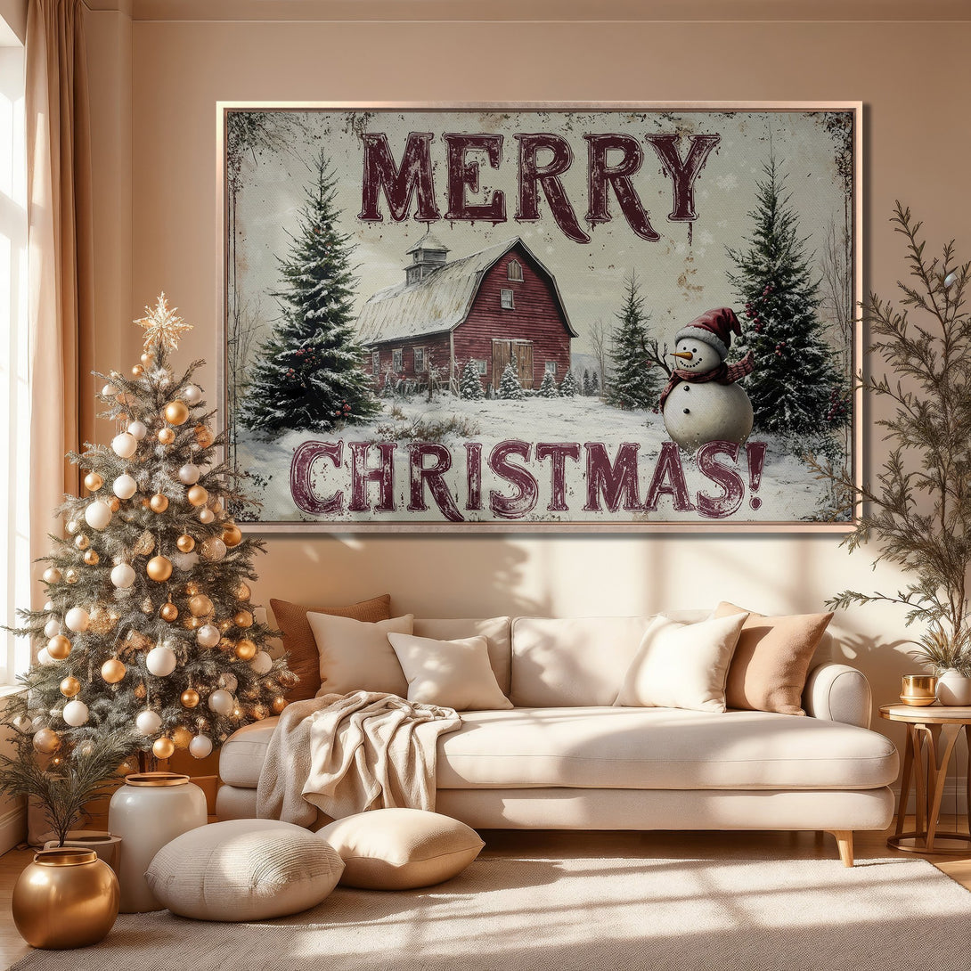 Framed Wall Art: Rustic Christmas scene with red barn, snowman, and text. Warm, neutral color palette. Perfect holiday decor for your home!