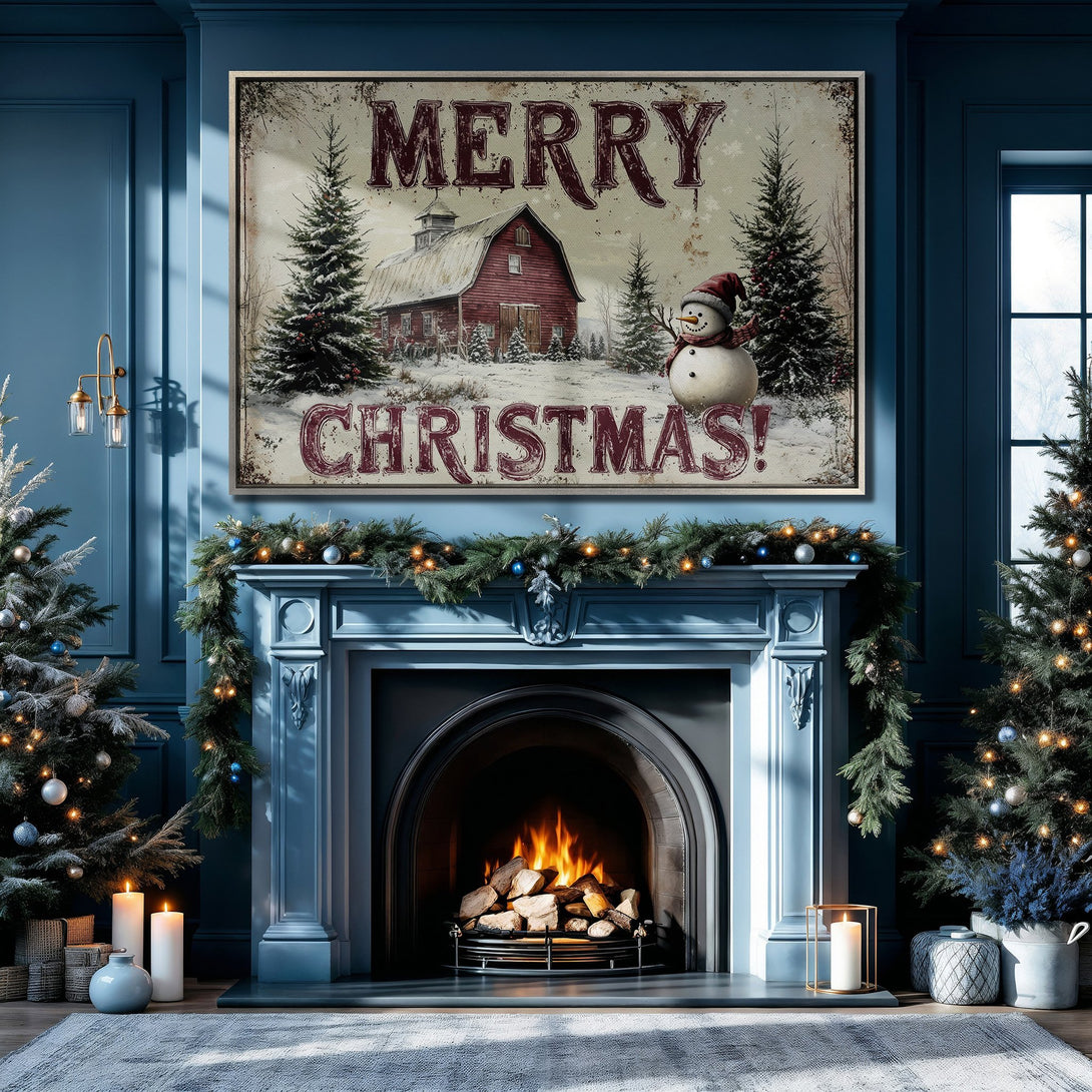 Framed Wall Art: Rustic Christmas scene with barn & snowman. Cozy interior with blue & red color palette. Perfect holiday decor.