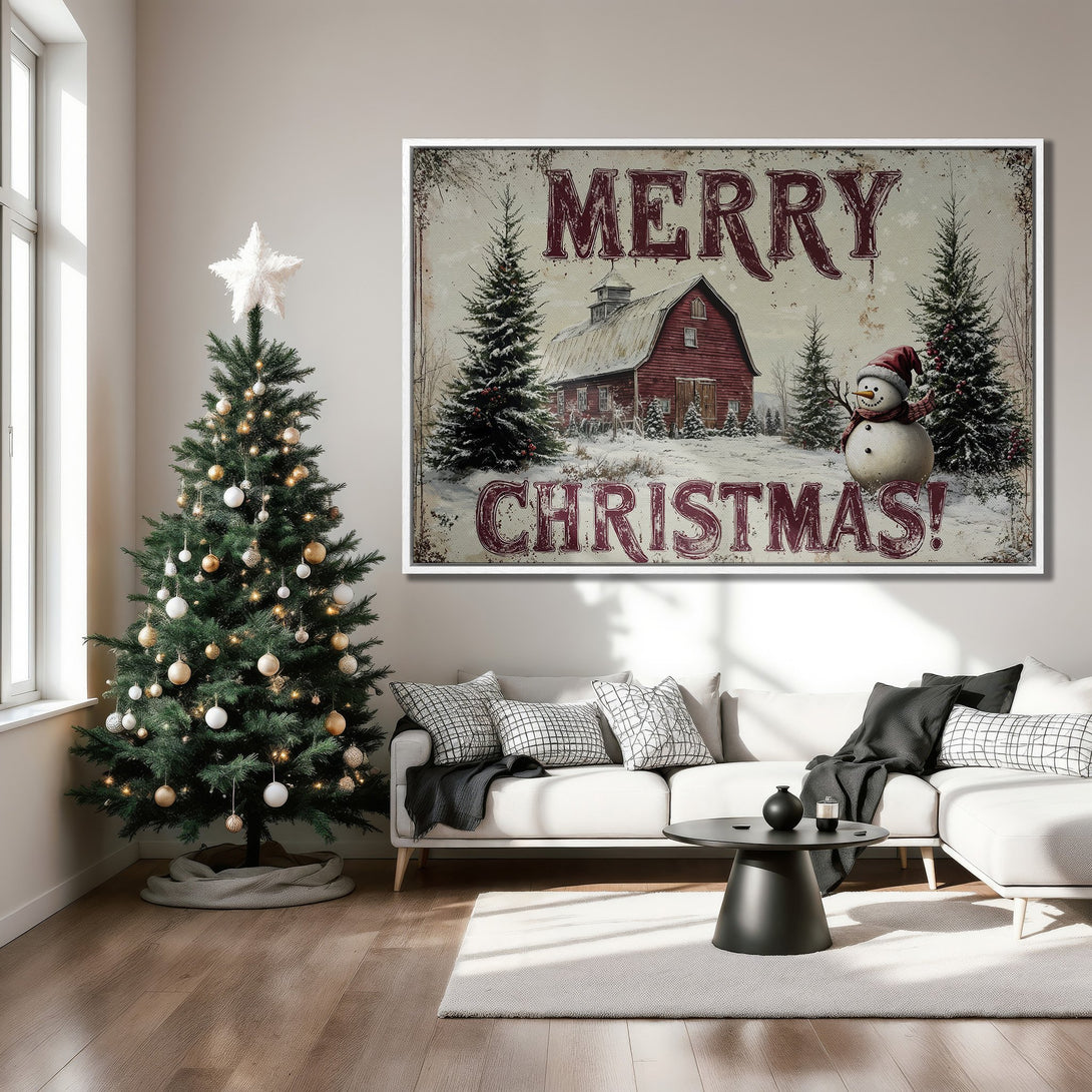 Framed Wall Art: Rustic "Merry Christmas" scene in red & cream. Perfect holiday decor for your home! Canvas Print adds cozy charm to any space.