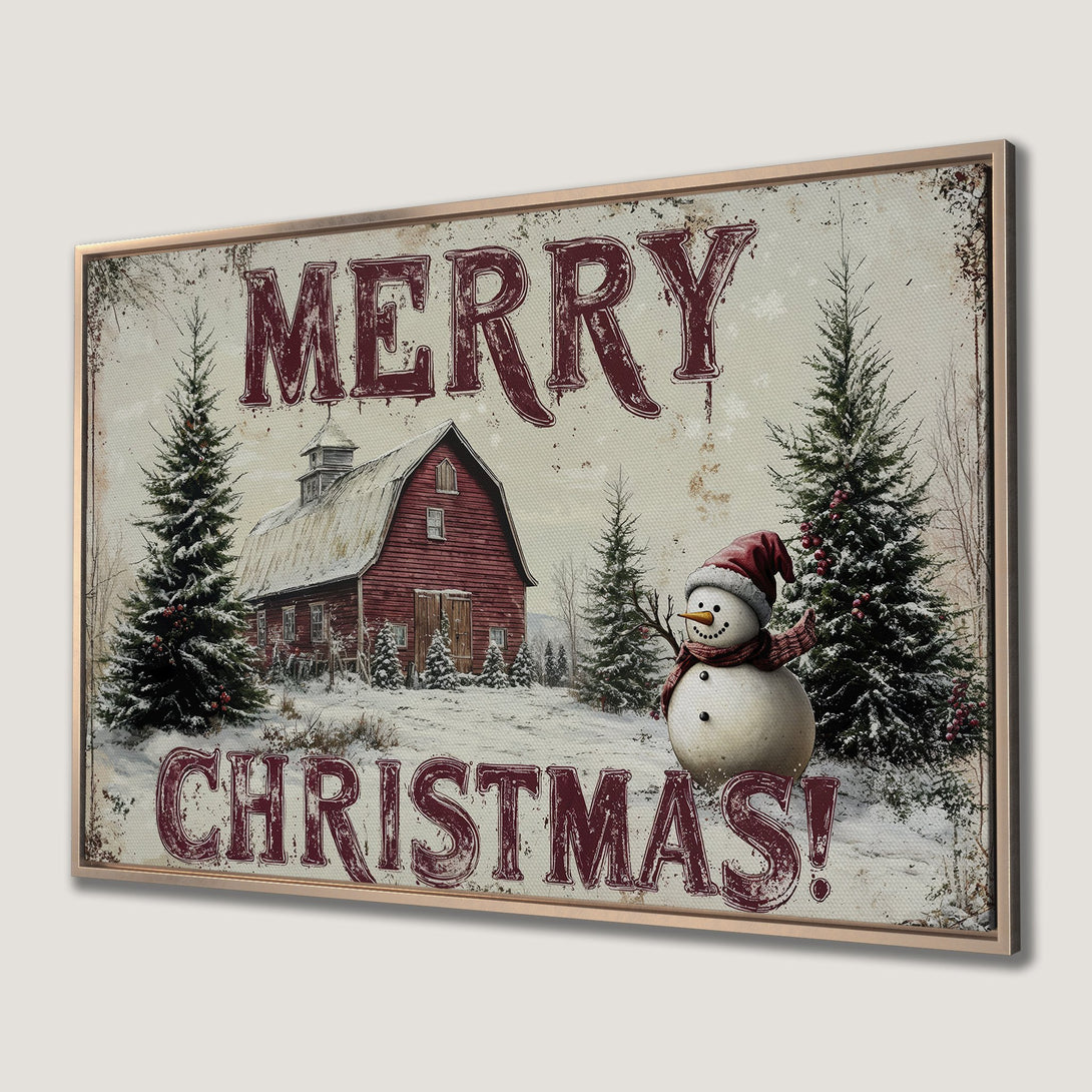 Framed Wall Art: Rustic Christmas scene with barn & snowman. Vintage style, red & cream color palette. Perfect holiday decor!