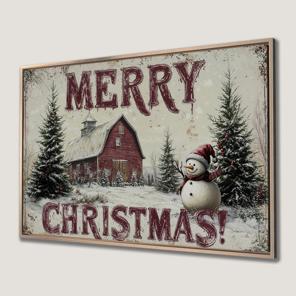 Framed Wall Art: Rustic Christmas scene with barn & snowman. Vintage style, red & cream color palette. Perfect holiday decor!