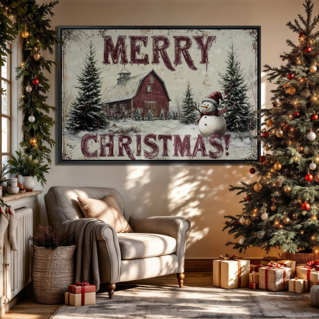 Framed Wall Art: Rustic "Merry Christmas" print with red barn & snowman. Warm, inviting color palette. Perfect holiday decor for your home!