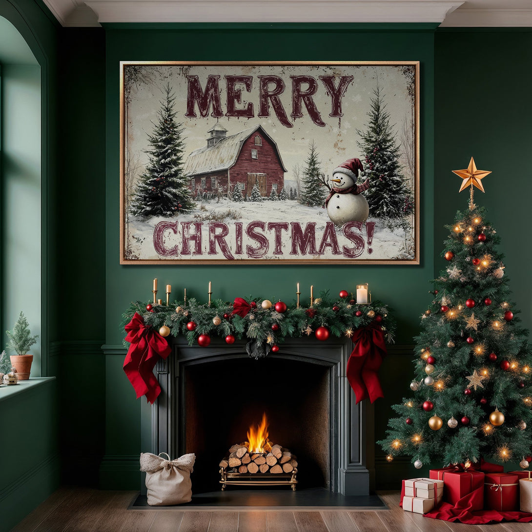 Framed Wall Art: Rustic Christmas scene with red barn, snowman, and snowy landscape. Warm, inviting color palette. Perfect holiday decor!