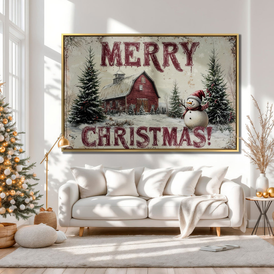 Canvas Print featuring a rustic Christmas barn scene in red and white, perfect for holiday decor. Warm, inviting color palette.