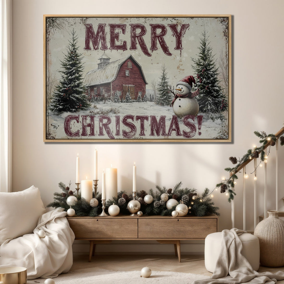 Framed Wall Art: Rustic Christmas scene with red barn & snowman. Vintage style, warm color palette. Perfect holiday decor for your home!