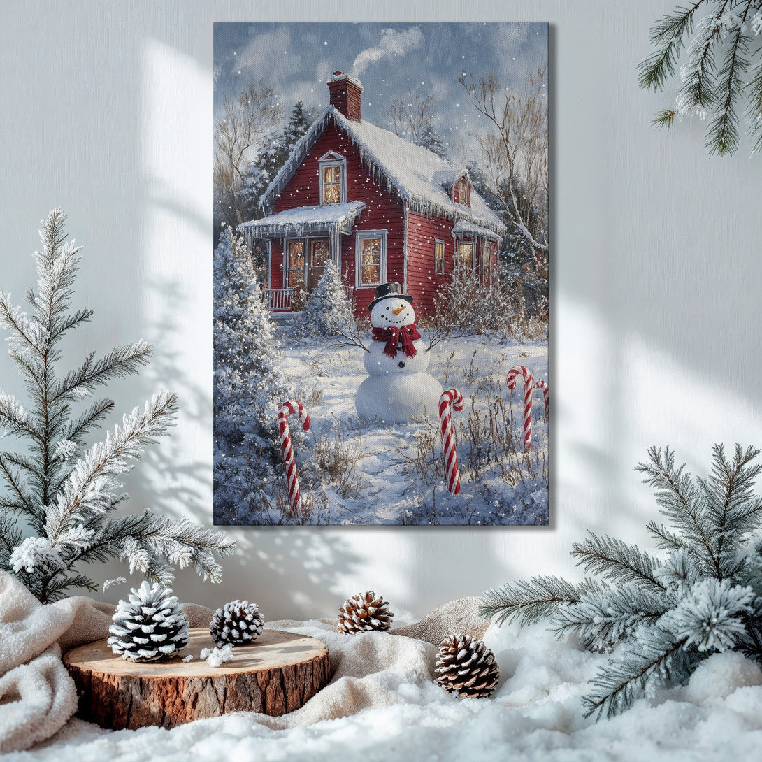 Framed Wall Art: Winter scene with a red house and snowman, warm colors, cozy holiday decor. Perfect for adding charm to your home!