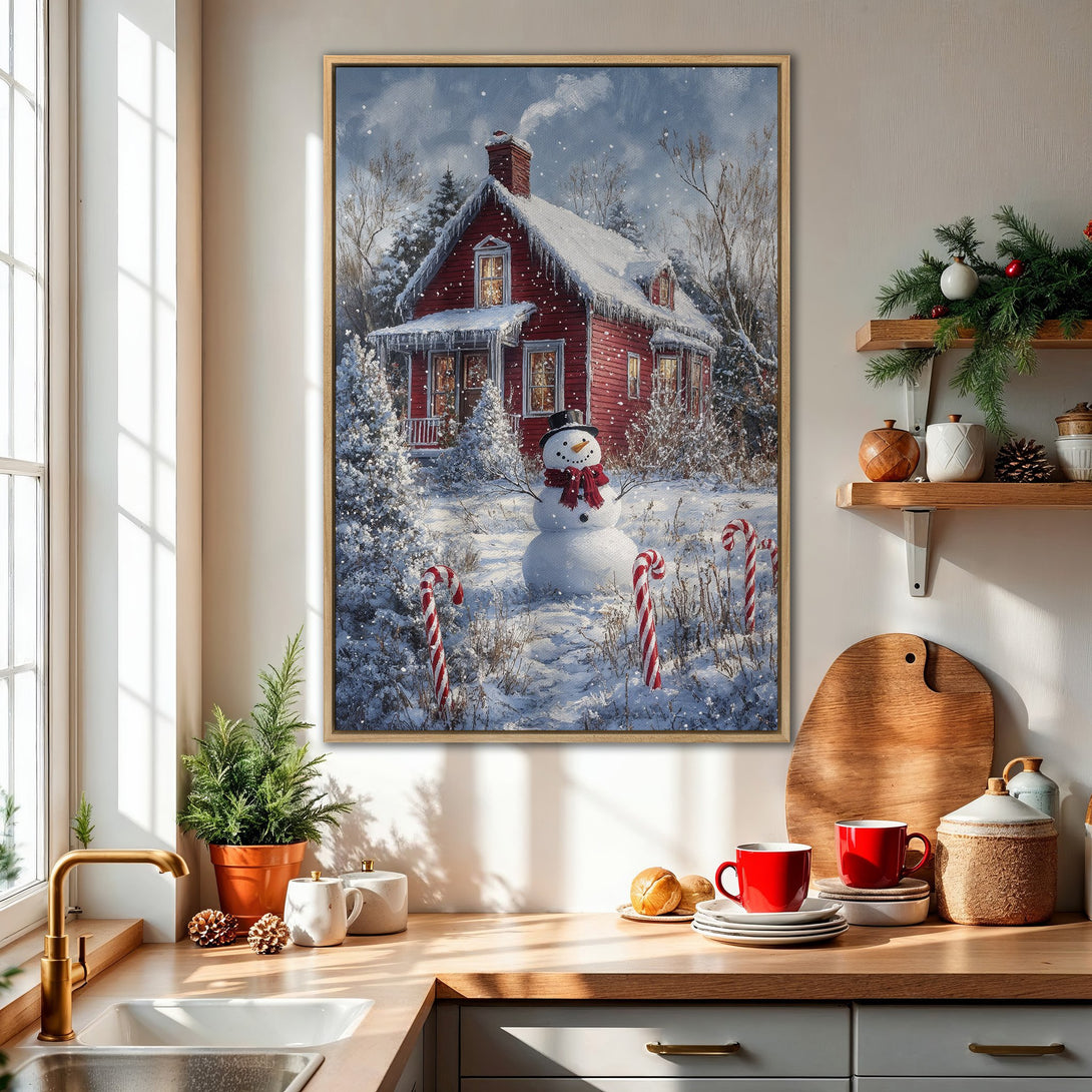 Framed Wall Art: Cozy winter scene with a red house and snowman. Charming holiday decor with a blue, white, and red color palette. Perfect for your home!